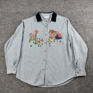 Vtg 90s CASEY & MAX Button Up Shirt Womens M Embroidered Cat Novelty Teacher